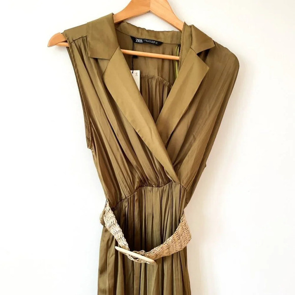 Zara Satin Effect Jumpsuit With  Belt in Olive Green NWT Size Small - Picture 7 of 12